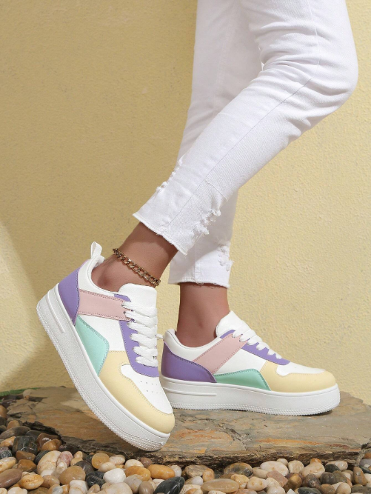 Women's White Sports Shoes With Thick Sole, Front Lace-Up, Color Block Design For Casual Wear In Spring And Summer