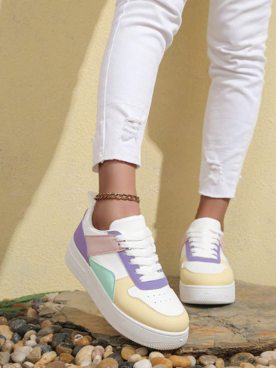 Women's White Sports Shoes With Thick Sole, Front Lace-Up, Color Block Design For Casual Wear In Spring And Summer