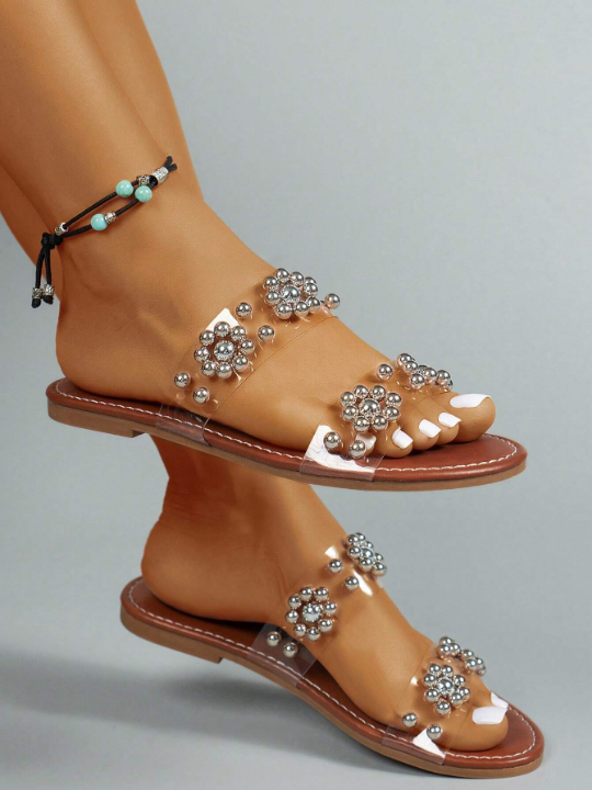 2024 Women's New Summer Style Elegant & Comfortable Faux Pearl Embellished Transparent Straps Vacation Flat Sandals