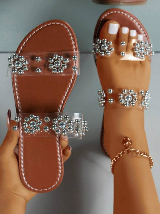 2024 Women's New Summer Style Elegant & Comfortable Faux Pearl Embellished Transparent Straps Vacation Flat Sandals