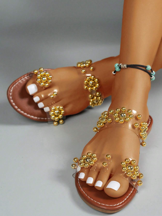 2024 New Arrival Women's Elegant, Comfortable And Cute Pearl Beach Style Slippers Flat Sandals In Gold, For Summer