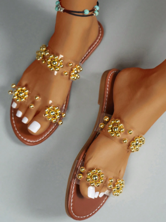 2024 New Arrival Women's Elegant, Comfortable And Cute Pearl Beach Style Slippers Flat Sandals In Gold, For Summer