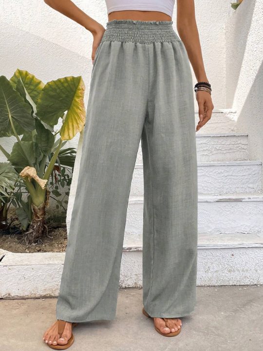 Pleated & Wide Waistband & Straight Leg & Gauze Fabric Trousers