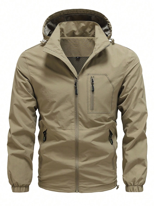 Men's Solid Color Windproof Hooded Jacket With Drawstring