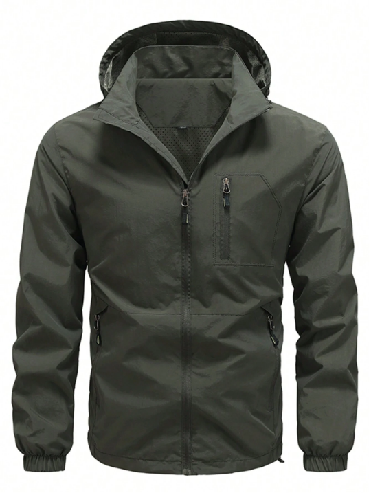 Men's Solid Color Windproof Hooded Jacket With Long Sleeves