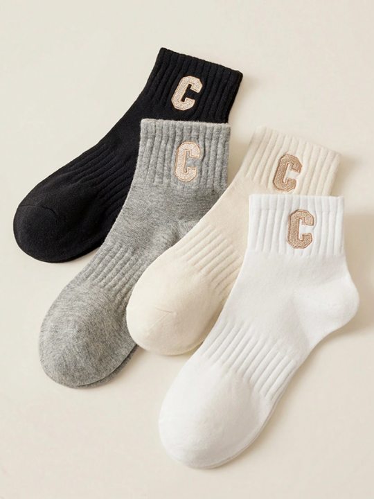 4pairs Women's Simple C Design Sport Short Socks