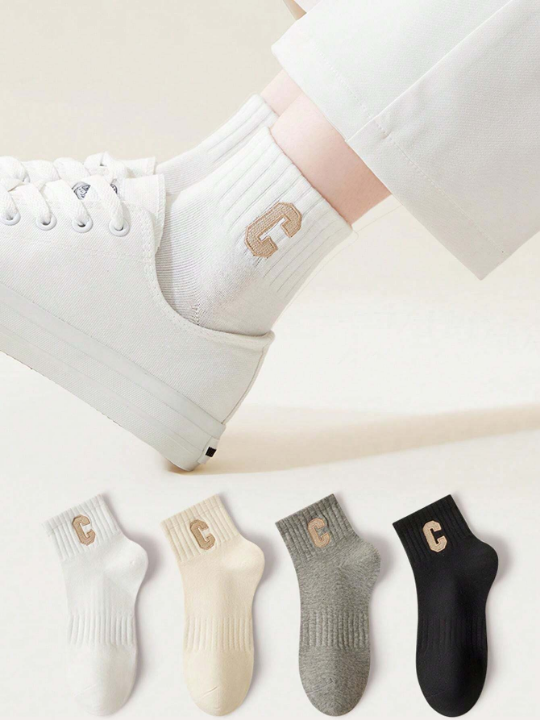 4pairs Women's Simple C Design Sport Short Socks