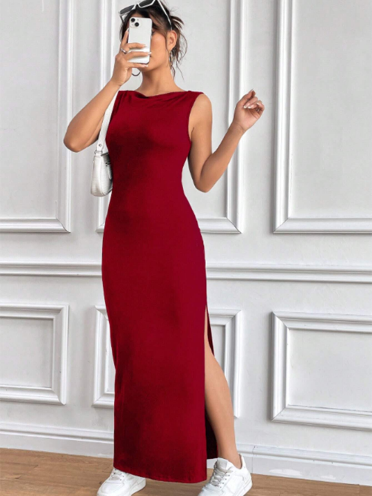 Women's V-Neck Side Slit Hem Maxi Dress