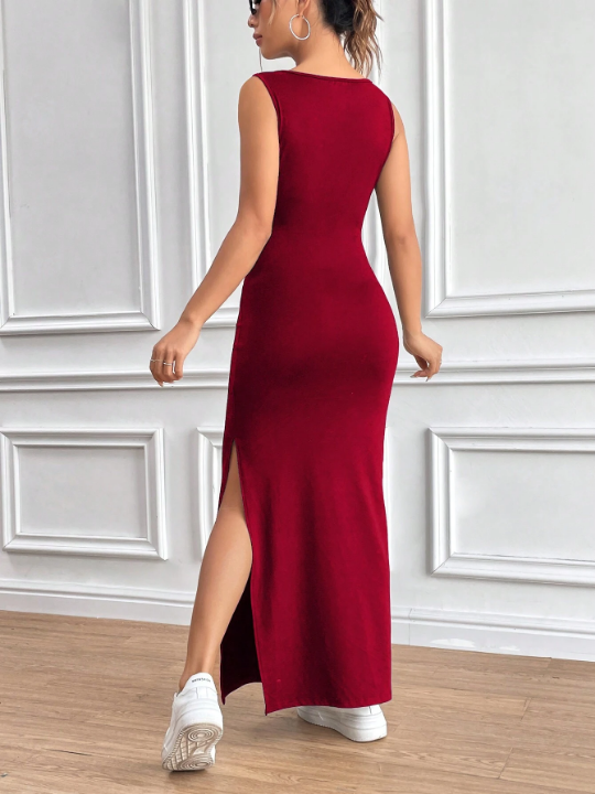 Women's V-Neck Side Slit Hem Maxi Dress