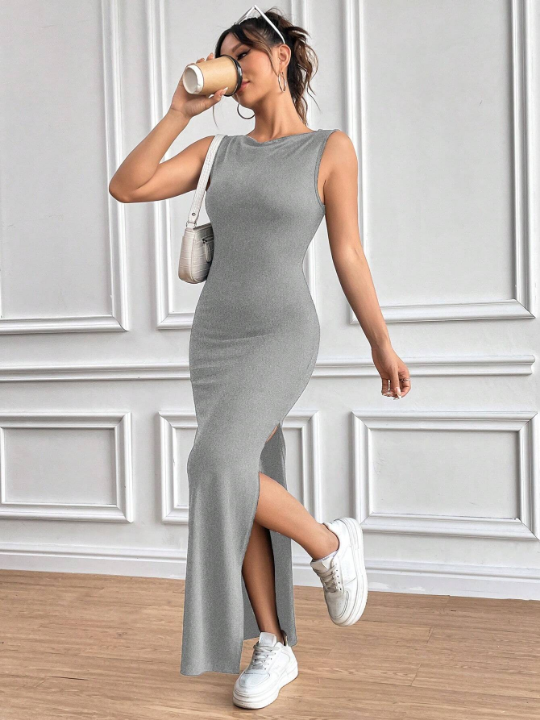 Solid Color V-Neck Split Hem Casual Sleeveless Dress