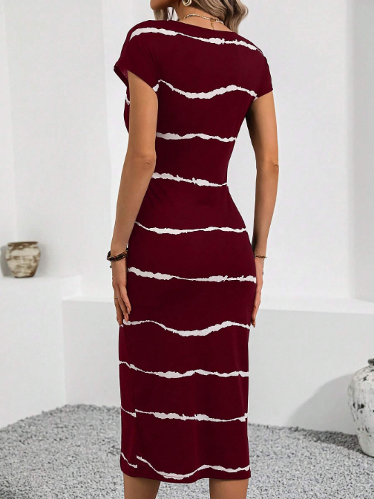 LUNE Striped Round Neck Tie Front Split Maxi Dress