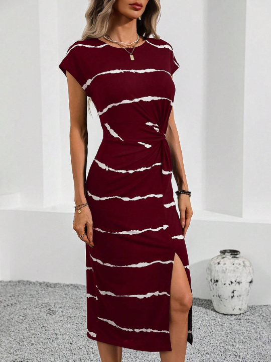 LUNE Striped Round Neck Tie Front Split Maxi Dress