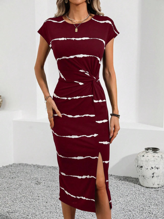 LUNE Striped Round Neck Tie Front Split Maxi Dress