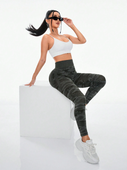 Basic Seamless Breathable Soft High Waist Camouflage Compression & Tummy Control Fitness Leggings