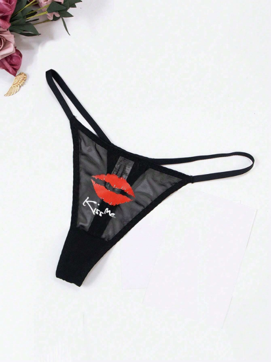 Breathable Mesh Lip Pattern T-string Panty