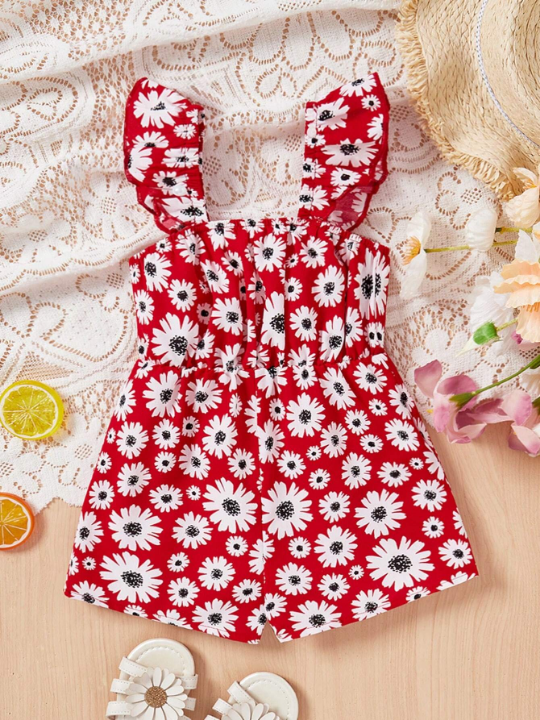 Baby Girl Short Sleeve Romper With Daisy Pattern