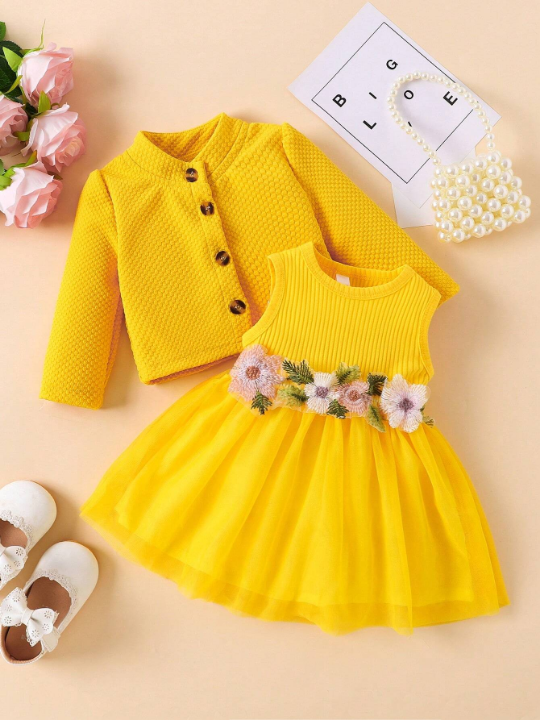 Infant Girls' Spring & Autumn Floral Waist Design Mesh Vest Dress Coat