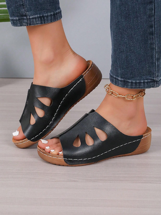 Summer Women's Casual Wedge Heeled Thick Soled Slippers, Vamp Topline Design, Solid Color Trendy Sandals, Black Or Brown