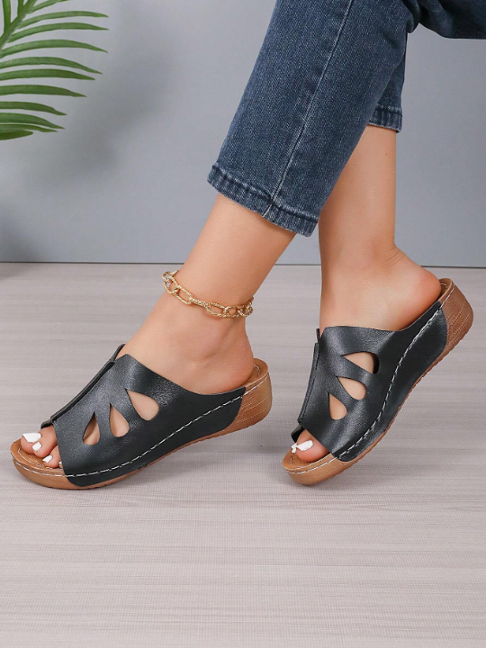 Summer Women's Casual Wedge Heeled Thick Soled Slippers, Vamp Topline Design, Solid Color Trendy Sandals, Black Or Brown