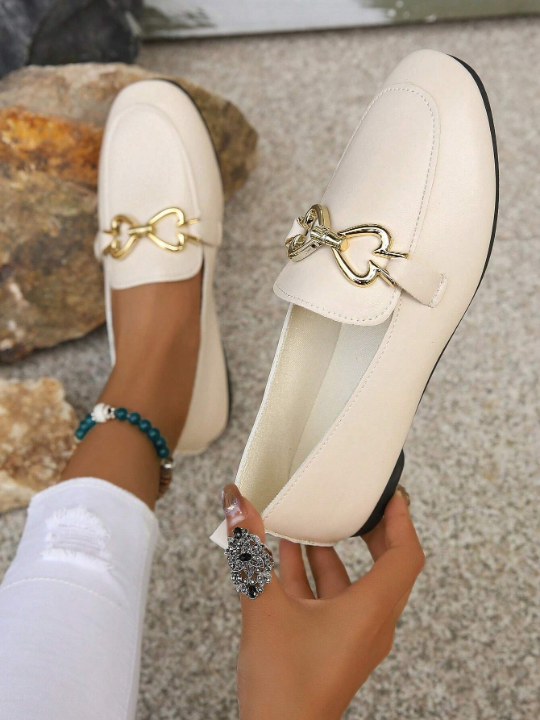 Beige Heart Shaped Metallic Buckle Comfortable Slip-On Flat Shoes