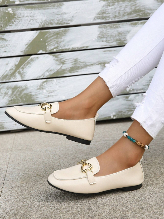 Beige Heart Shaped Metallic Buckle Comfortable Slip-On Flat Shoes