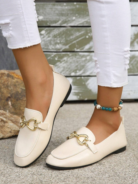 Beige Heart Shaped Metallic Buckle Comfortable Slip-On Flat Shoes