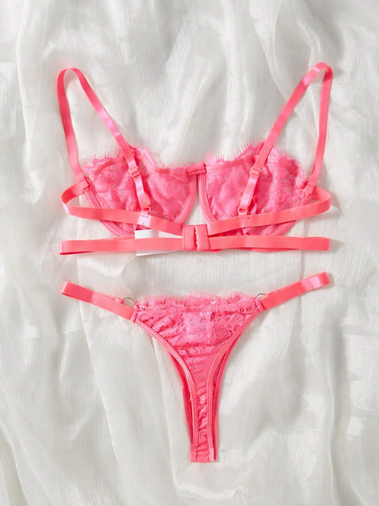 Neon Pink Floral Lace Lingerie Set