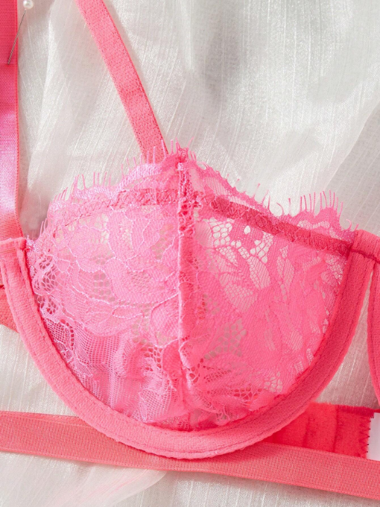 Neon Pink Floral Lace Lingerie Set