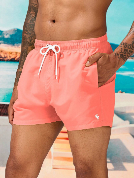 Manfinity Swimmode Solid Color Men's Drawstring Waist Beach Shorts