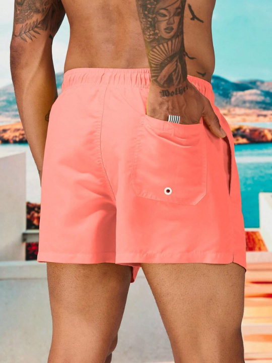 Manfinity Swimmode Solid Color Men's Drawstring Waist Beach Shorts