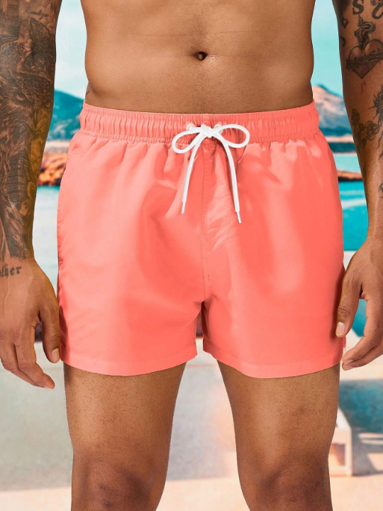 Manfinity Swimmode Solid Color Men's Drawstring Waist Beach Shorts