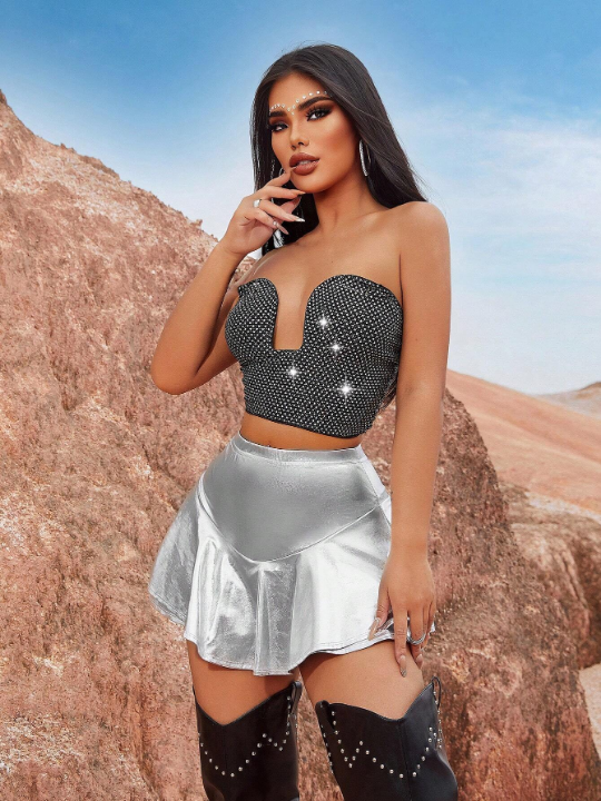 SXY Music Festival Festival Outfits Birthday Outfit Party Metallic Elastic Waist Mini Skirt Shorts