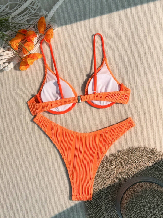 Swim Basics Solid Color Textured Bikini Set With Steel Ring, Two Pieces