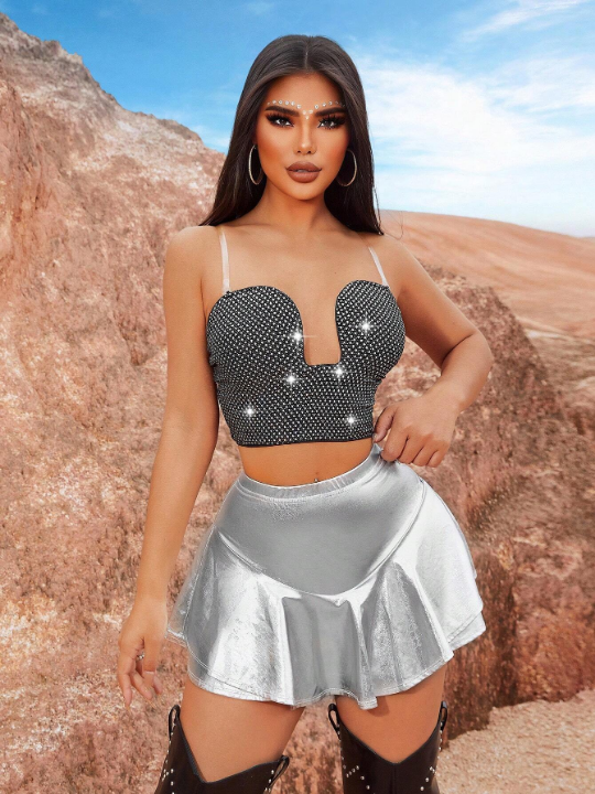 SXY Music Festival Festival Outfits Birthday Outfit Party Metallic Elastic Waist Mini Skirt Shorts