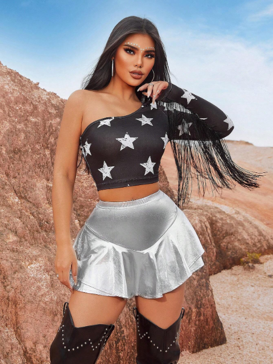 SXY Music Festival Festival Outfits Birthday Outfit Party Metallic Elastic Waist Mini Skirt Shorts