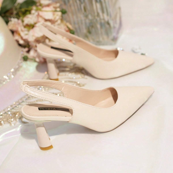 2024 New Arrival, Spring Black Soft Leather High Heels With Thin Heel And Open Back, Elegant & Sexy, Pointed Front Design, French Style Ankle Strap With Closed Toe High Heel Sandals For Women, Gentle And Elegant