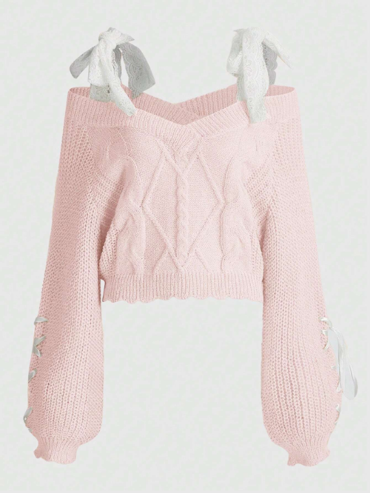 ROMWE Kawaii Cold Shoulder Cable Knit Sweater