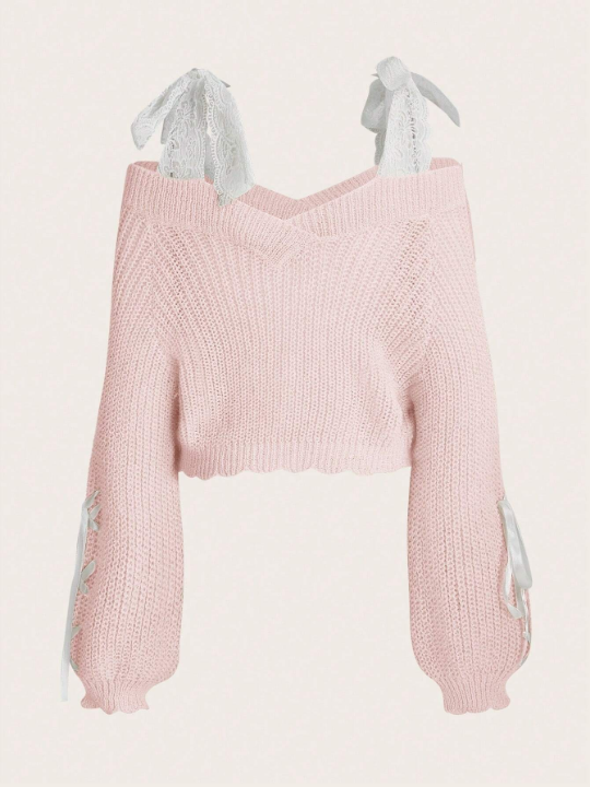 ROMWE Kawaii Cold Shoulder Cable Knit Sweater