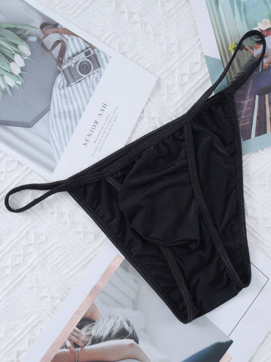 Men's Low-Waist Elastic Butt Triangle Bikini Underwear Ice Silk Sexy Sheer Thin Convex Pouch Black Briefs