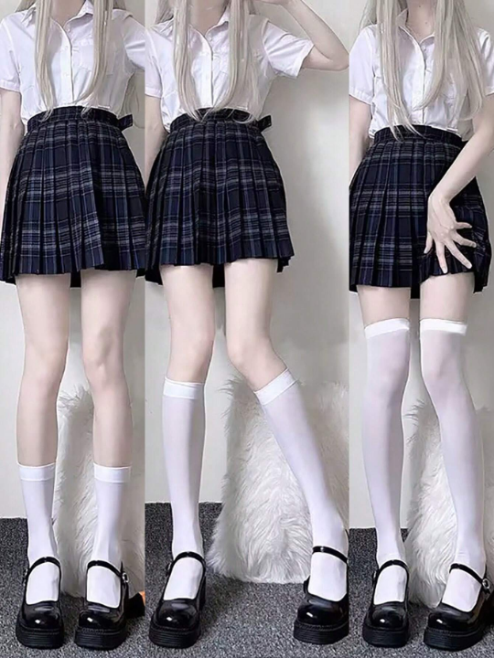 3pairs Lolita Style Women's White Pressure Socks Set, Including Three Types: Over-The-Knee Socks, Ankle Socks, And Stockings