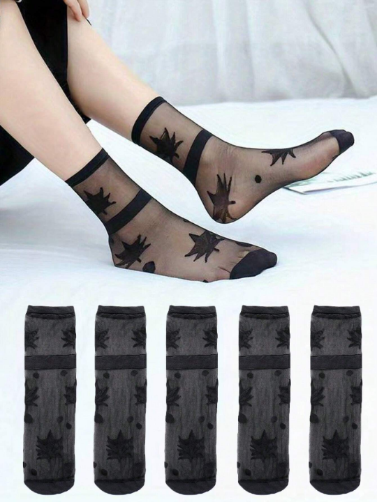 5pairs Black Summer Crystal Glass Silk Stockings, Thin Steel Wire, Sexy Transparent Mesh Hollow Out Heap Heap Socks