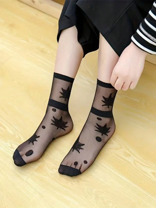 5pairs Black Summer Crystal Glass Silk Stockings, Thin Steel Wire, Sexy Transparent Mesh Hollow Out Heap Heap Socks