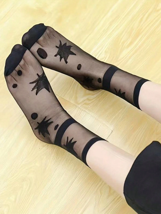 5pairs Black Summer Crystal Glass Silk Stockings, Thin Steel Wire, Sexy Transparent Mesh Hollow Out Heap Heap Socks