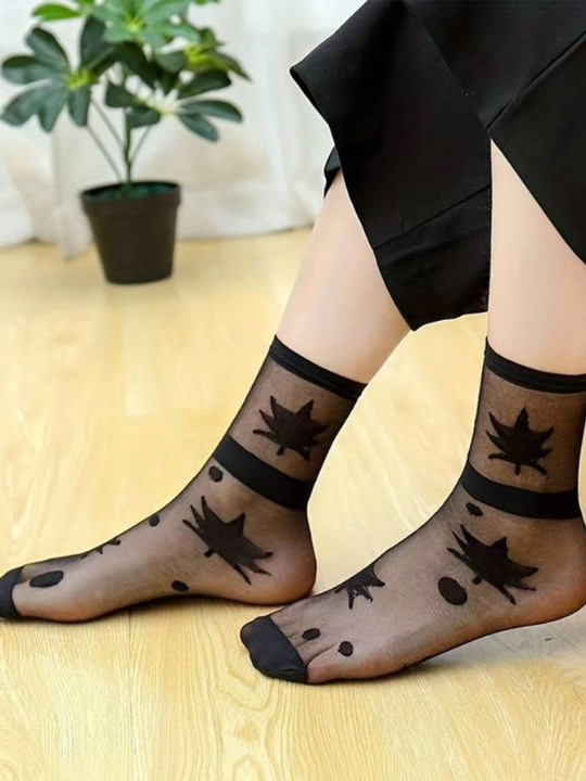 5pairs Black Summer Crystal Glass Silk Stockings, Thin Steel Wire, Sexy Transparent Mesh Hollow Out Heap Heap Socks