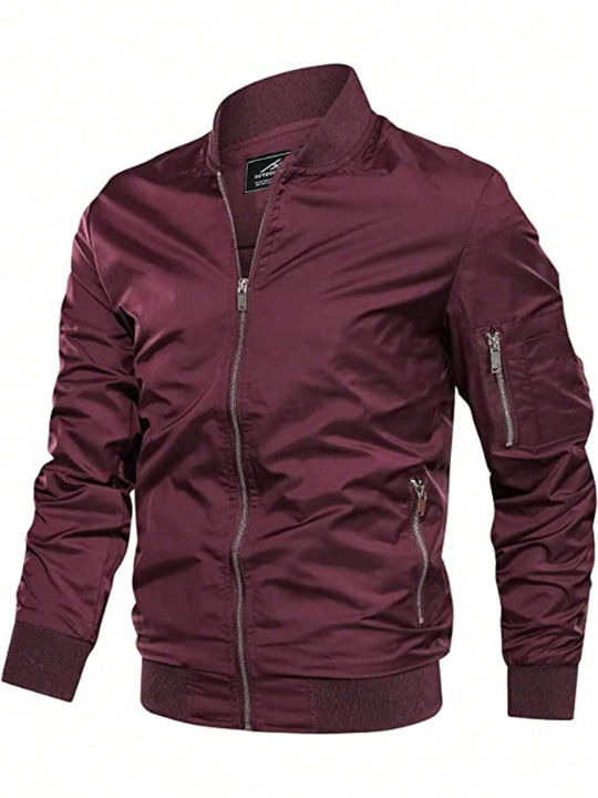 Men's Spring Casual Windbreaker With Zipper, Pockets And Baseball Collar