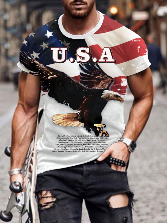 Manfinity LEGND Men'S American Style Eagle Slogan Print T-Shirt