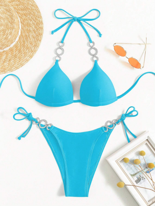 Solid Color Bikini Set With Rhinestone And Metallic Decorations, String Bikini Swimsuit Bathing Suit Beach Outfit Music Festival Summer Vacation