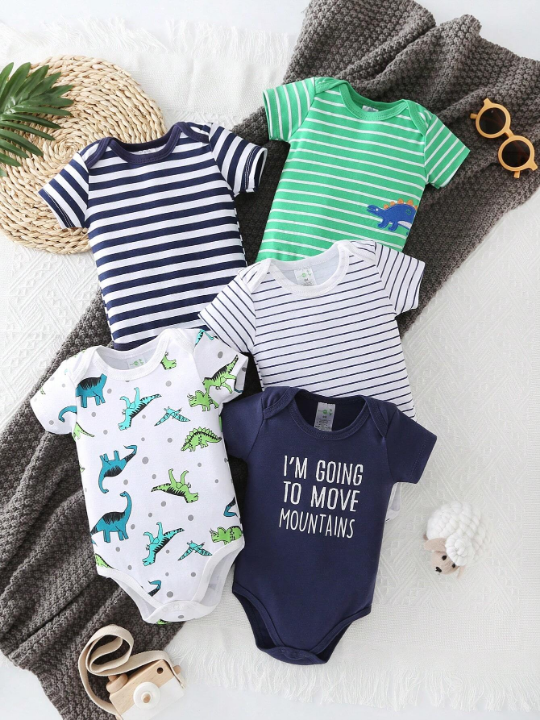 5pcs/Set Newborn Baby Boys' Striped Slogan Dinosaur Printed Triangle Romper