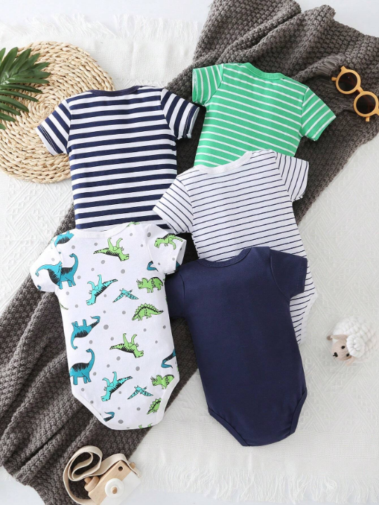 5pcs/Set Newborn Baby Boys' Striped Slogan Dinosaur Printed Triangle Romper