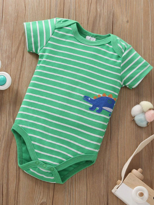 5pcs/Set Newborn Baby Boys' Striped Slogan Dinosaur Printed Triangle Romper